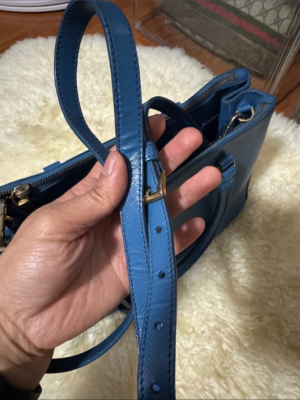 Prada Blue Saffiano Double-Handle Satchel with Crossbody Strap - Picture 9 of 14